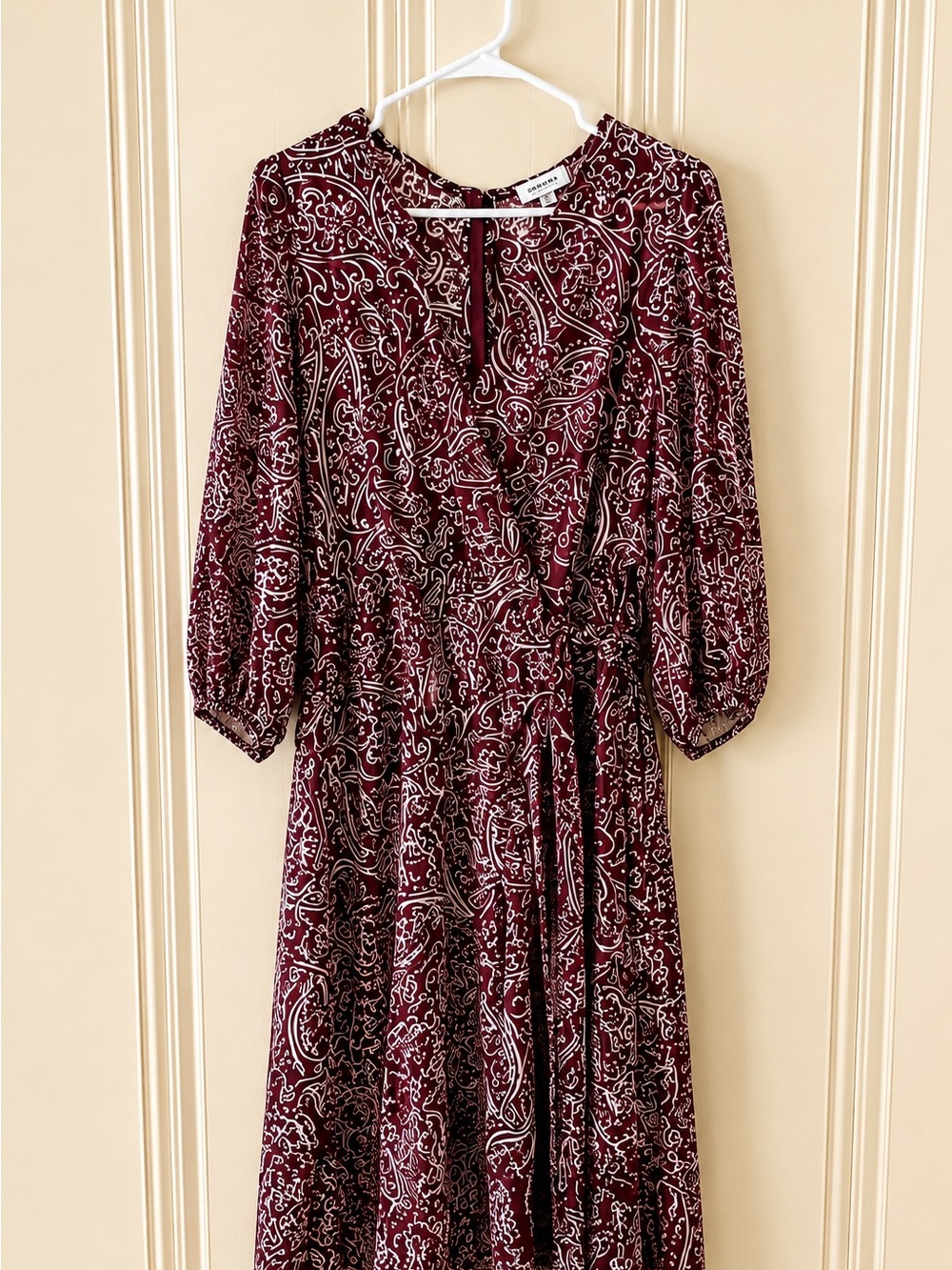 Calvin Klein Burgundy Paisley Long-Sleeve Midi Dress